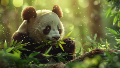 A panda is peacefully munching on bamboo in a sunlit forest - obrazy, fototapety, plakaty