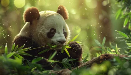 Fotobehang A panda is peacefully munching on bamboo in a sunlit forest © Seasonal Wilderness