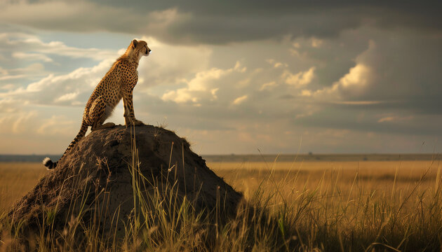 A cheetah sits atop a termite mound surveying the savanna at sunset - Powered by Adobe