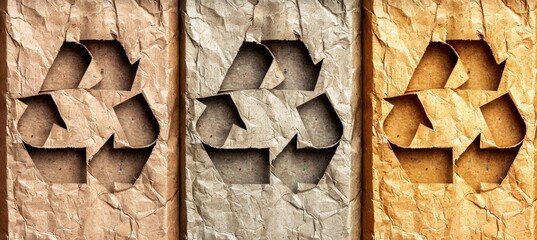 Assorted paper and cardboard materials with recycling symbol for environmental conservation