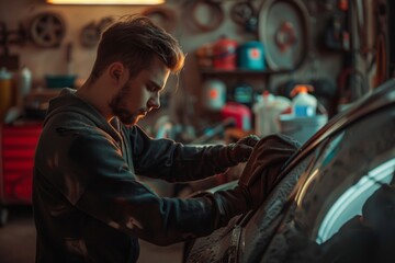 Fototapeta na wymiar Man polish a car in garage