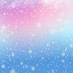 A blue and pink background with snowflakes falling on it. The snowflakes are scattered all over the background, creating a sense of movement and liveliness. The colors of the background