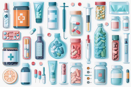 clipart minimal illustration featuring a various of medical objects on white background, suitable for crafting and digital design projects