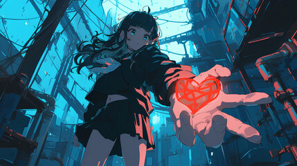 anime girl holding a glowing heart logo - obrazy, fototapety, plakaty