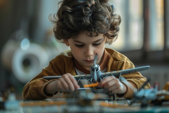 Little boy building model airplane educational hobby
