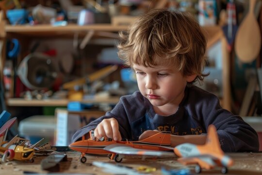 Little boy building model airplane educational hobby