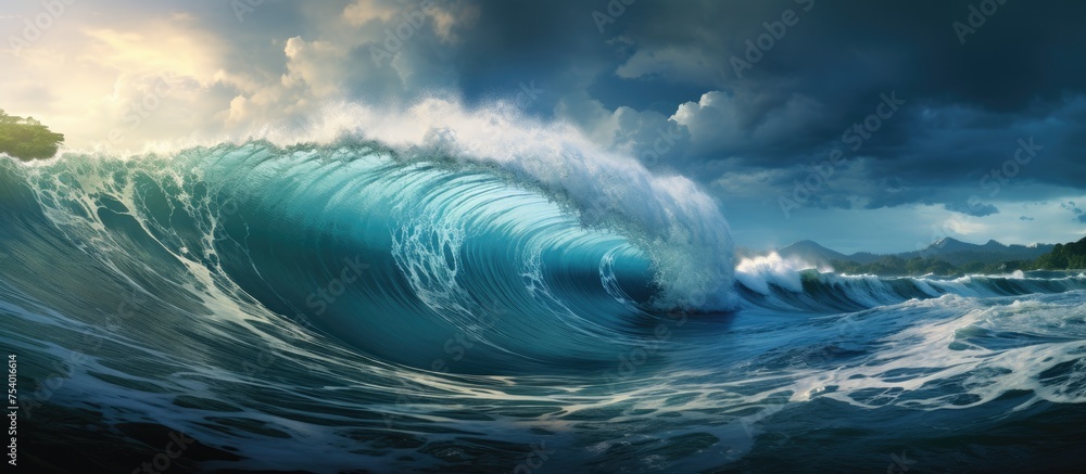 Poster a large, powerful wave is shown crashing in the ocean, creating a dramatic and forceful scene. the w