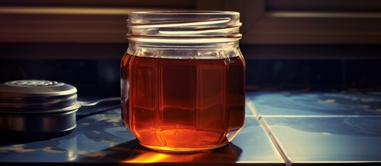 A clear glass jar filled with liquid is placed on top of a kitchen counter, with the liquid slightly reflecting the light in the room.