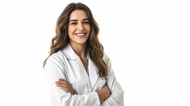 A happy female pharmacist standing with your arms crossed with confidence isolated on white background.
