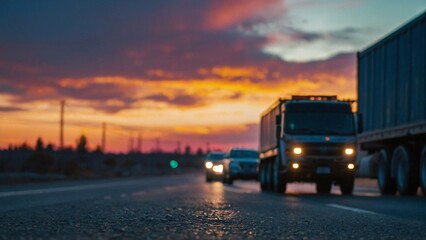 vehicles on the highway at beautiful sunset background