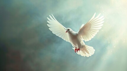 Fototapeta premium A white dove on bright light shines from heaven background. Symbol of love and peace descends from sky. image of animal.
