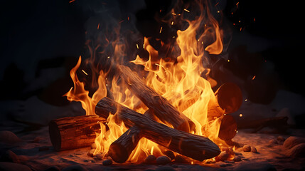Evening outdoor nature background with campfire closeup