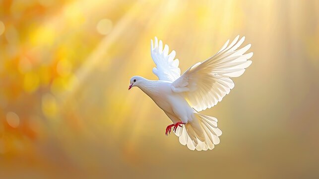 A white dove on bright light shines from heaven background. Symbol of love and peace descends from sky. image of animal.