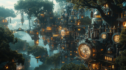 Dream-like clockwork forest with whimsical machinery. 3D render cinematic.