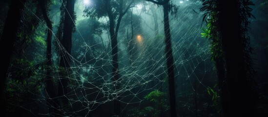 Fototapeta premium A dense forest covered in thick fog, with numerous trees shrouded in mist. The fog creates an eerie and mysterious atmosphere, obscuring the view of the surroundings. Spider webs glisten with dewdrops