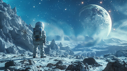 Imaginative space journey with kid and comet. 3D rendering cinematic.