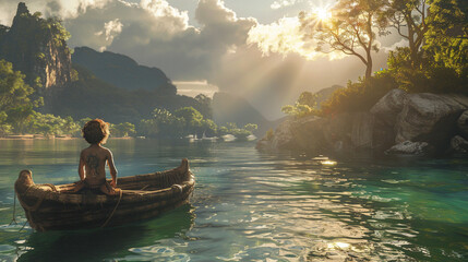Obraz premium Child imagination of a pirate kid on an island. 3D render cinematic.