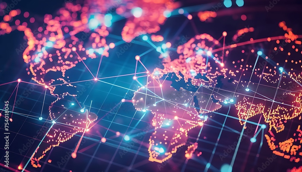 Aufkleber digital world map with network connections connected to each other. commerce, data, networks.