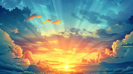 Fototapeta na wymiar Sunrise dramatic blue sky with orange sun rays breaking through the clouds 