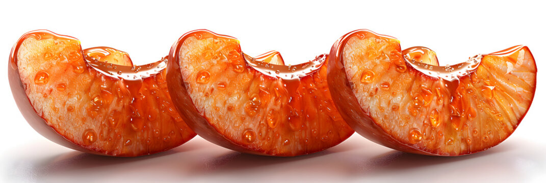 A 3D animated cartoon render of crunchy caramel-coated apple slices.
