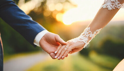 wedding couple holding hands against warm sunset backdrop
