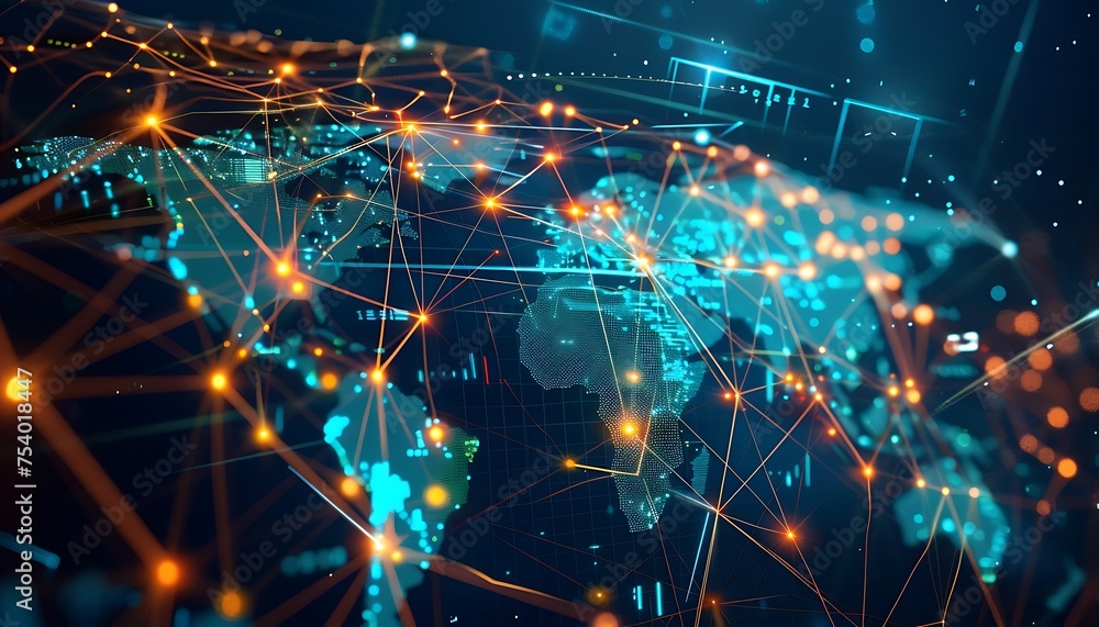 Poster digital world map with network connections connected to each other. commerce, data, networks.