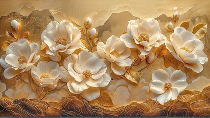 White camellias on a golden landscape background illustration - obrazy, fototapety, plakaty