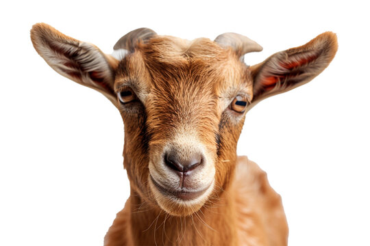 a portrait of a brown goat with floppy ears and a bell around its neck, isolated on transparent background, png file