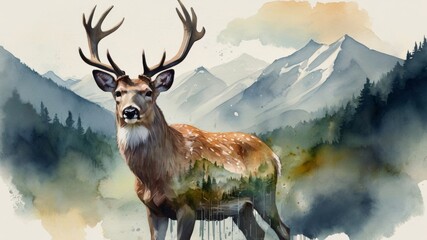 deer, mountains, double exposure, watercolor, digital art