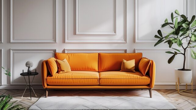 An interior of a modern living room with a orange sofa and a picture on the wall