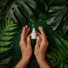 Beautiful hand and product mockup on natural background, leaves and water drops. generative ai  art