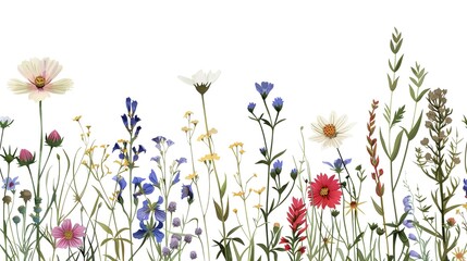 wild flowers at white background , hand drawn botanical illustration, floral background ,generative ai,  - obrazy, fototapety, plakaty
