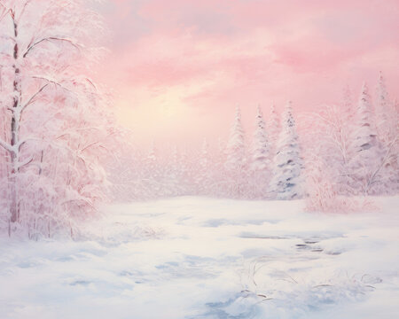 Pink Winter Landscape, Snowy, Pastel Pink, Snowy, Christmas, Painting