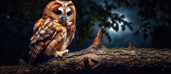 Obraz premium A majestic tawny owl is perched on a tree branch, framed by the dark night sky. The owl sits still, surveying its surroundings with keen eyes.