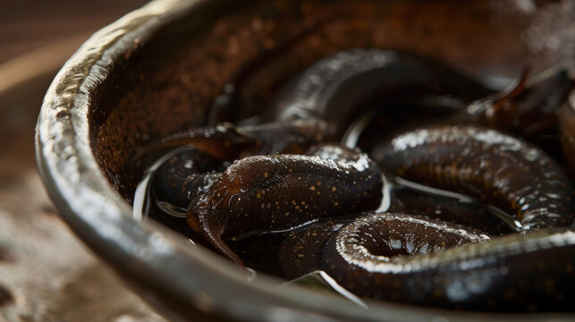 A closeup of a bowl filled with leeches used in traditional leech therapy for improving flow.