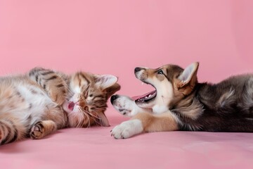 Fototapeta na wymiar a cat and a dog playing in studio on pink background geenerative ai