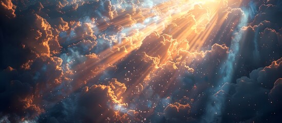 Sunlight Rays Shining Through Clouds in Space, To convey the beauty of nature and cosmic wonders, symbolizing divine presence, truth, spiritual