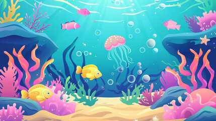 Naklejka na ściany i meble Underwater cartoon background with fish sand seaweed pearl jellyfish