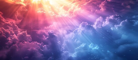 Colorful Clouds with God Light Rays in Heaven, This image can be used to convey a sense of divine presence, spiritual illumination, and Gods love and
