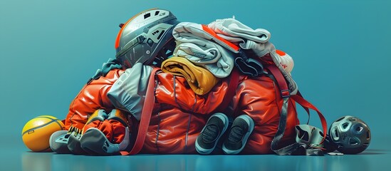 Pile of Mountain Climbing Gear on Blue Background, To convey a sense of adventure and preparation for outdoor activities through a visually striking