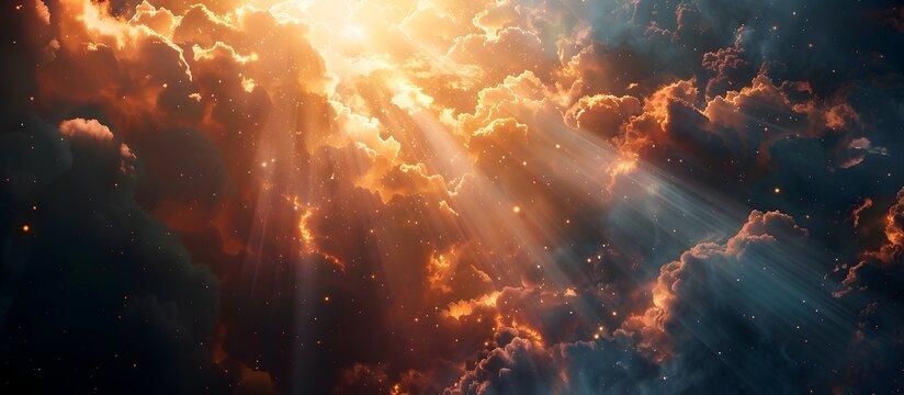 Orange and Blue God Light in Cosmic Sky with Dramatic Sun Rays and Cloud Formations