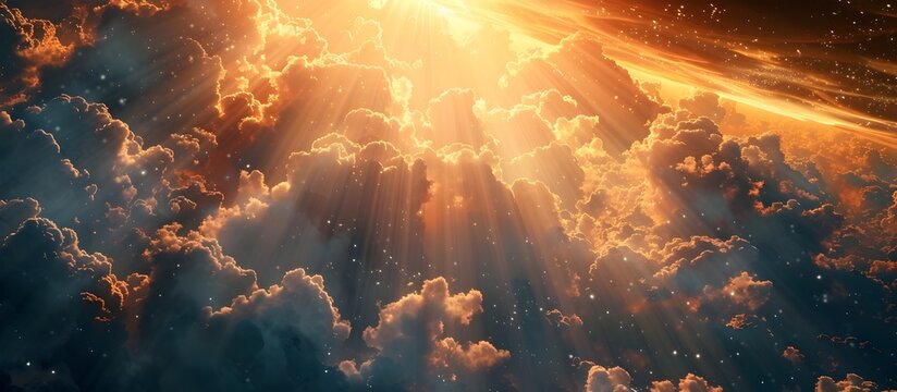 Golden Light Shining Through Clouds in Space, This scene would be suitable for video walls, backgrounds, and any other context that calls for a sense