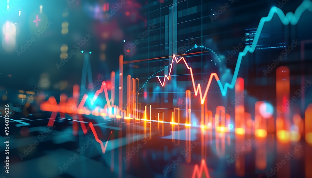 Poster digital graph of rapid investment growth, Skyrocketing Stocks Dynamic graph showing stocks soaring upwards.