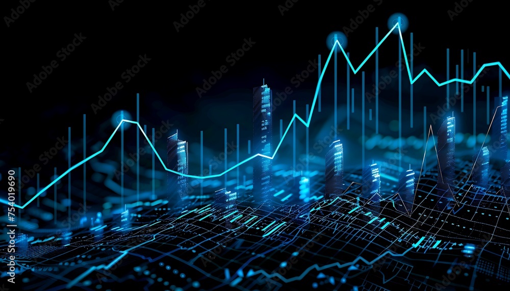 Poster digital graph of rapid investment growth, skyrocketing stocks dynamic graph showing stocks soaring u