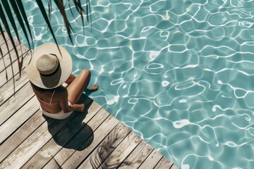beautiful woman in hat relaxing on wooden pier under palm leaves shadow at edge of pool