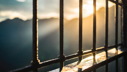 Silhouetted jail cell with dramatic backlighting, evoking themes of confinement, punishment, and isolation - obrazy, fototapety, plakaty