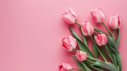 Obraz premium A stunning bouquet of pink tulips set against a soft pastel pink background, capturing the essence of beautiful spring flowers.