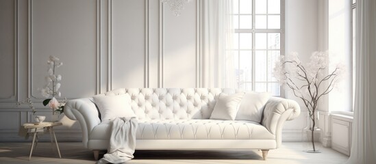 A white couch, part of a stylish Scandinavian interior design, sits in a living room next to a window. The room is predominantly white, creating a clean and modern aesthetic.