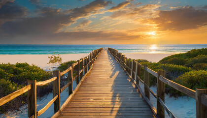Long boardwalk to beach with shrubs, symbolizing serenity, escape, nature, and relaxation