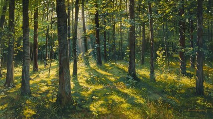 The forest glows with the gentle rays of sunlight, creating a serene and peaceful atmosphere.
